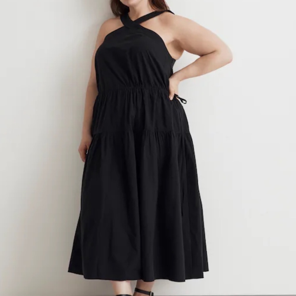 Madewell Plus Poplin Halter Tiered Black Midi Dress SIZE 14